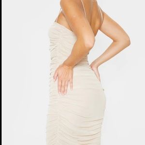 Nude Strappy Mesh Ruched Midaxi Dress